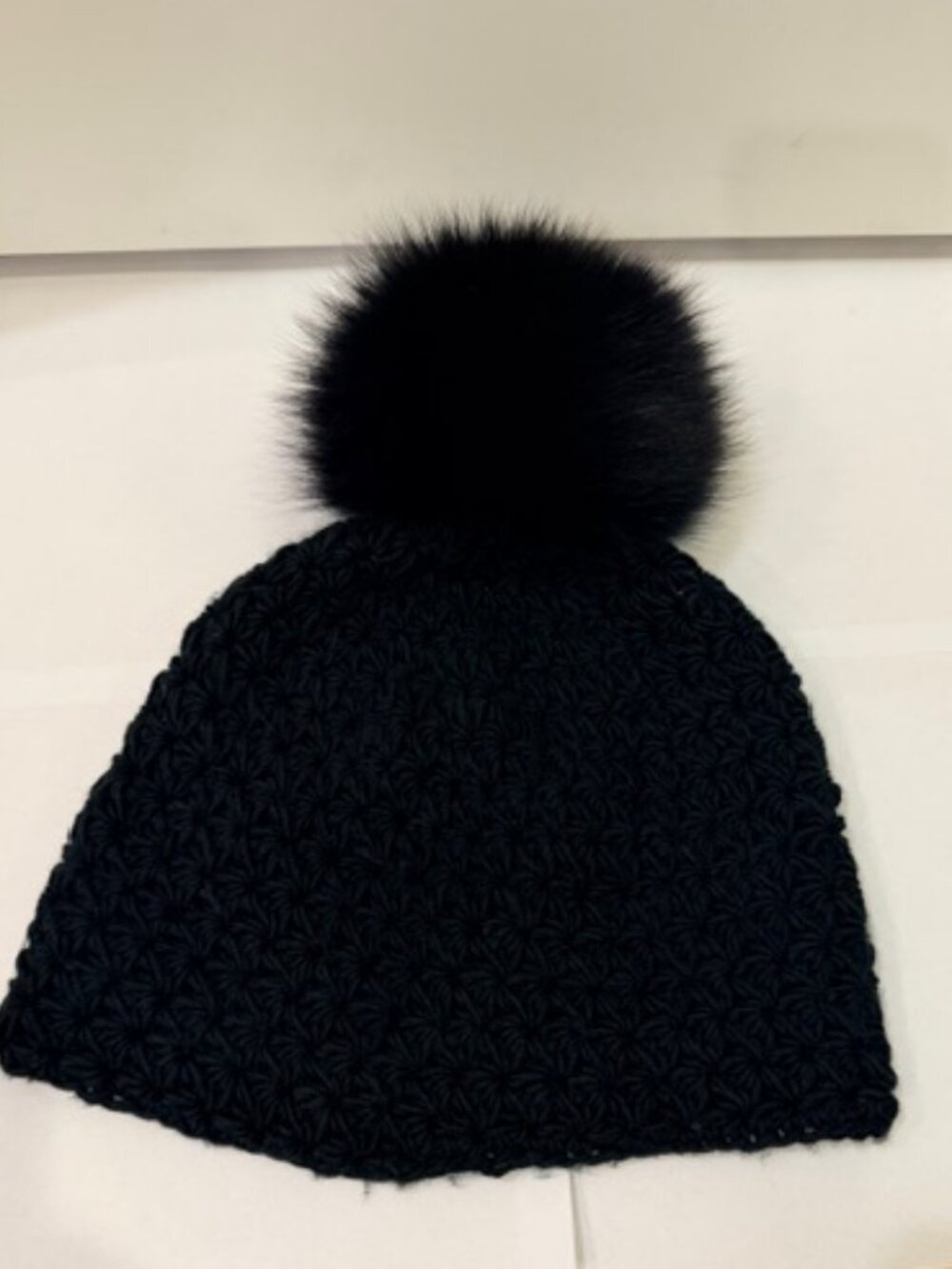 Surell Knit Beanie OS – Black, Fox Fur Pom Pom, Textured Winter Hat